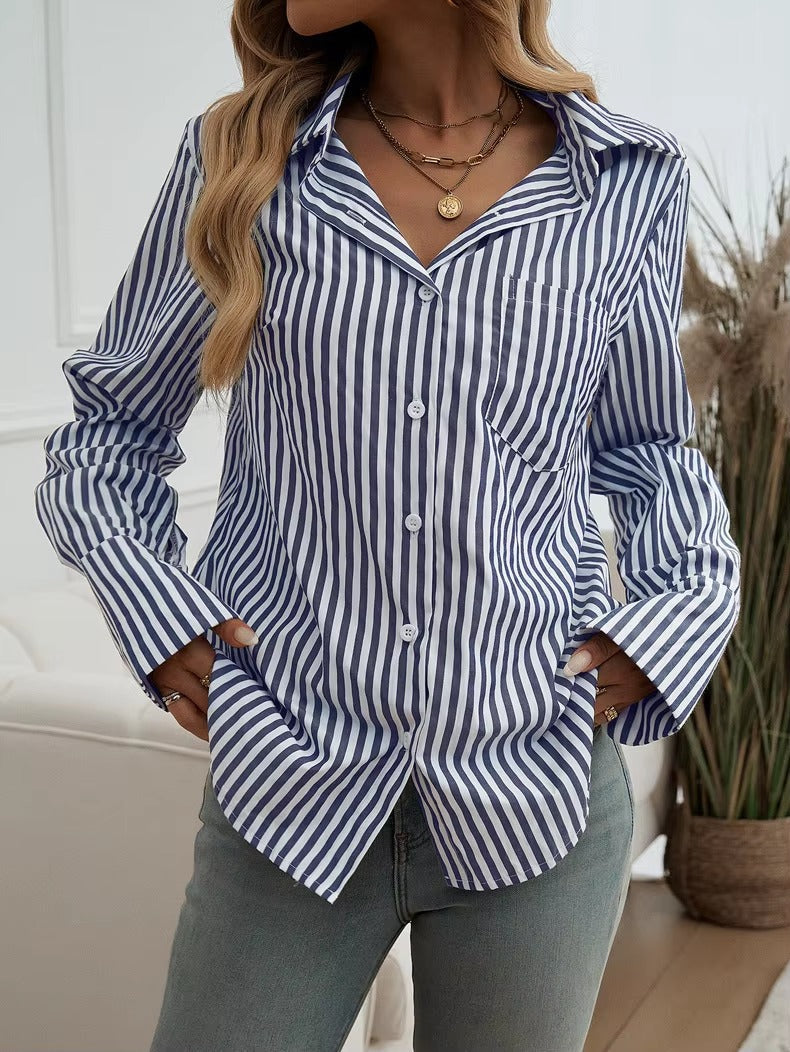 Casual Turn-down Collar Long-Sleeve Lapel Button Striped Shirt Mssza