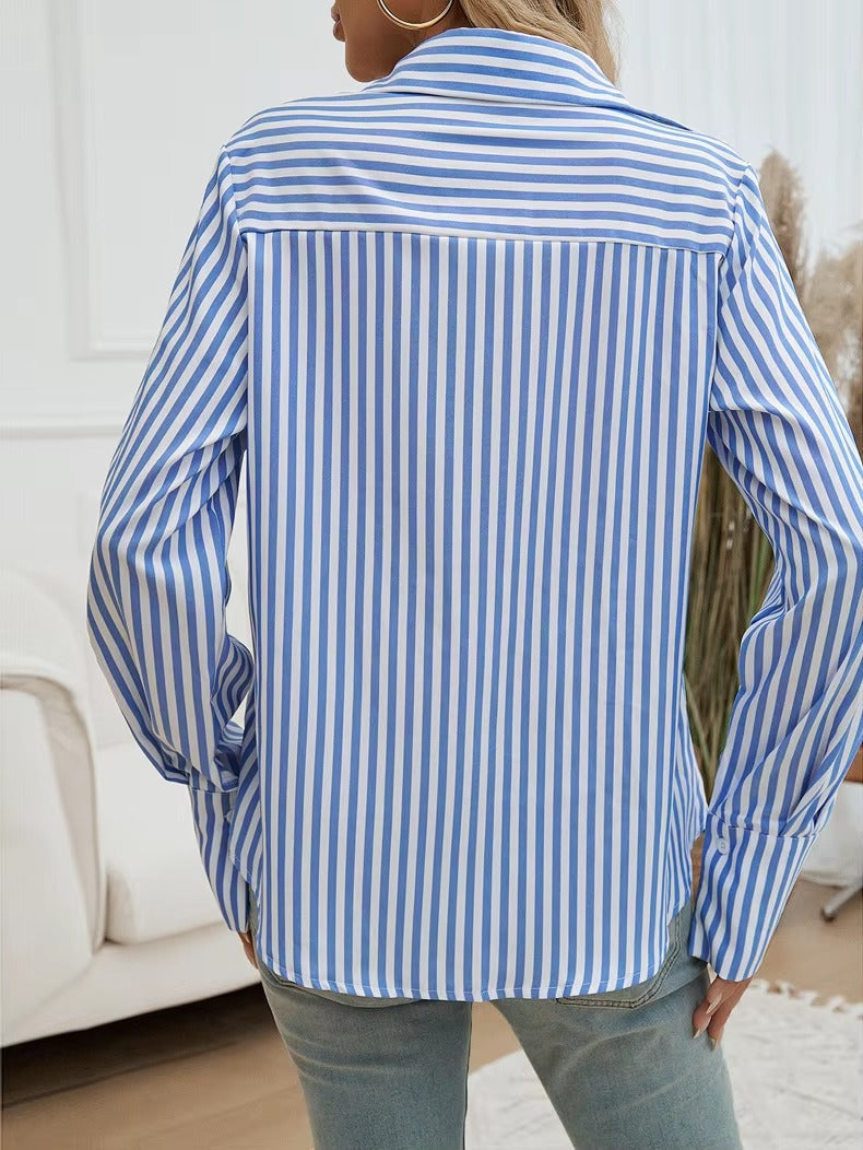 Casual Turn-down Collar Long-Sleeve Lapel Button Striped Shirt Mssza