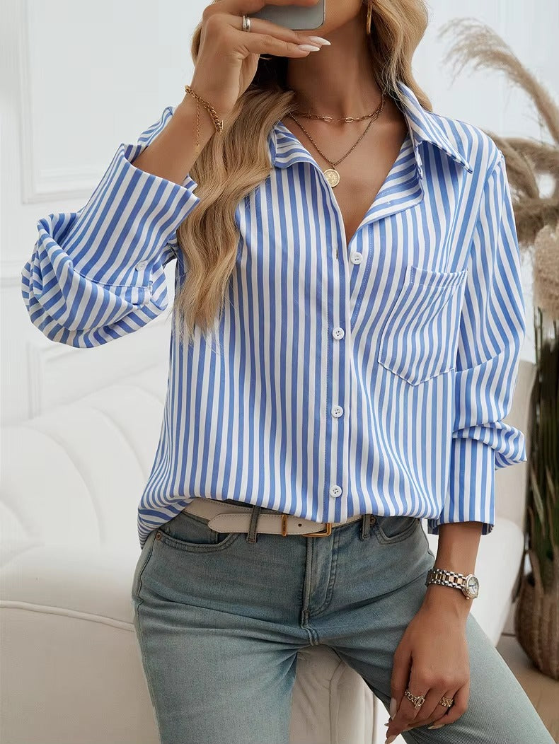 Casual Turn-down Collar Long-Sleeve Lapel Button Striped Shirt Mssza