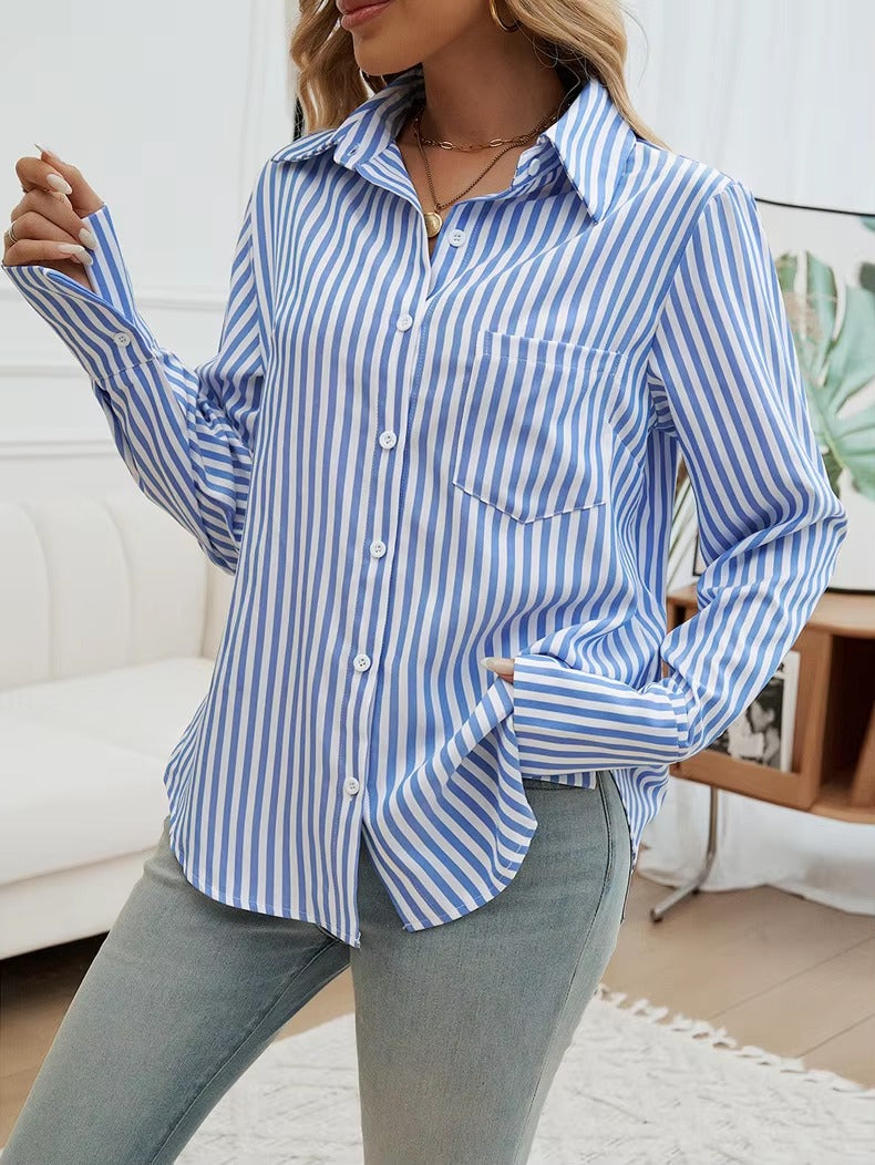 Casual Turn-down Collar Long-Sleeve Lapel Button Striped Shirt Mssza