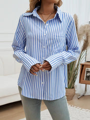 Casual Turn-down Collar Long-Sleeve Lapel Button Striped Shirt Mssza
