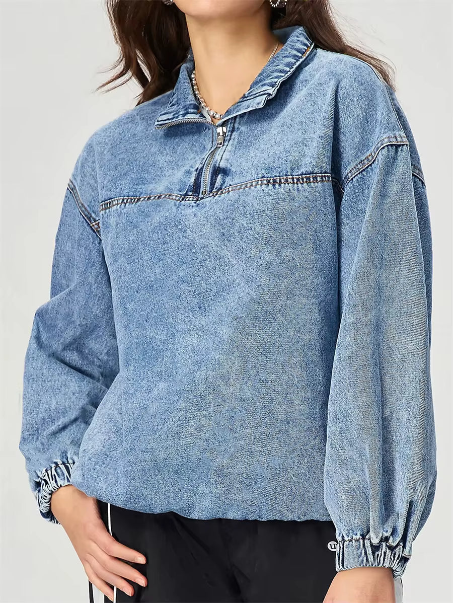 Casual Turn-down Collar Pullover Long Sleeve Zipper Front Loose Top Mssza
