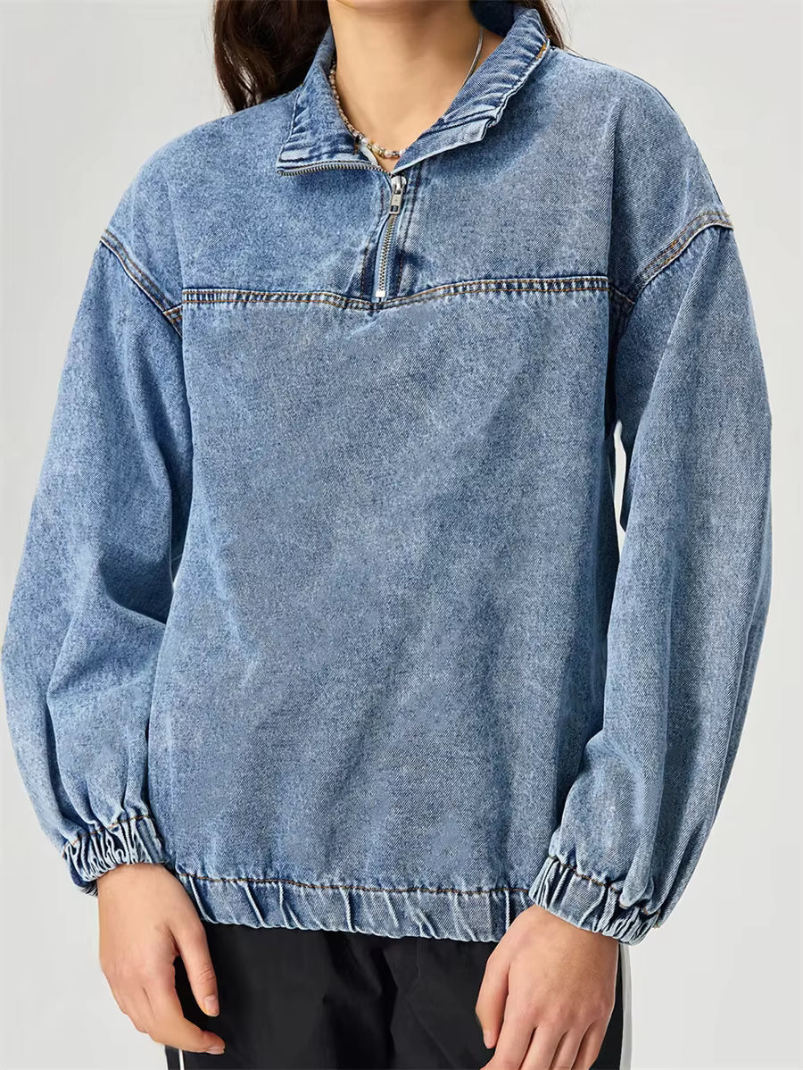 Casual Turn-down Collar Pullover Long Sleeve Zipper Front Loose Top Mssza