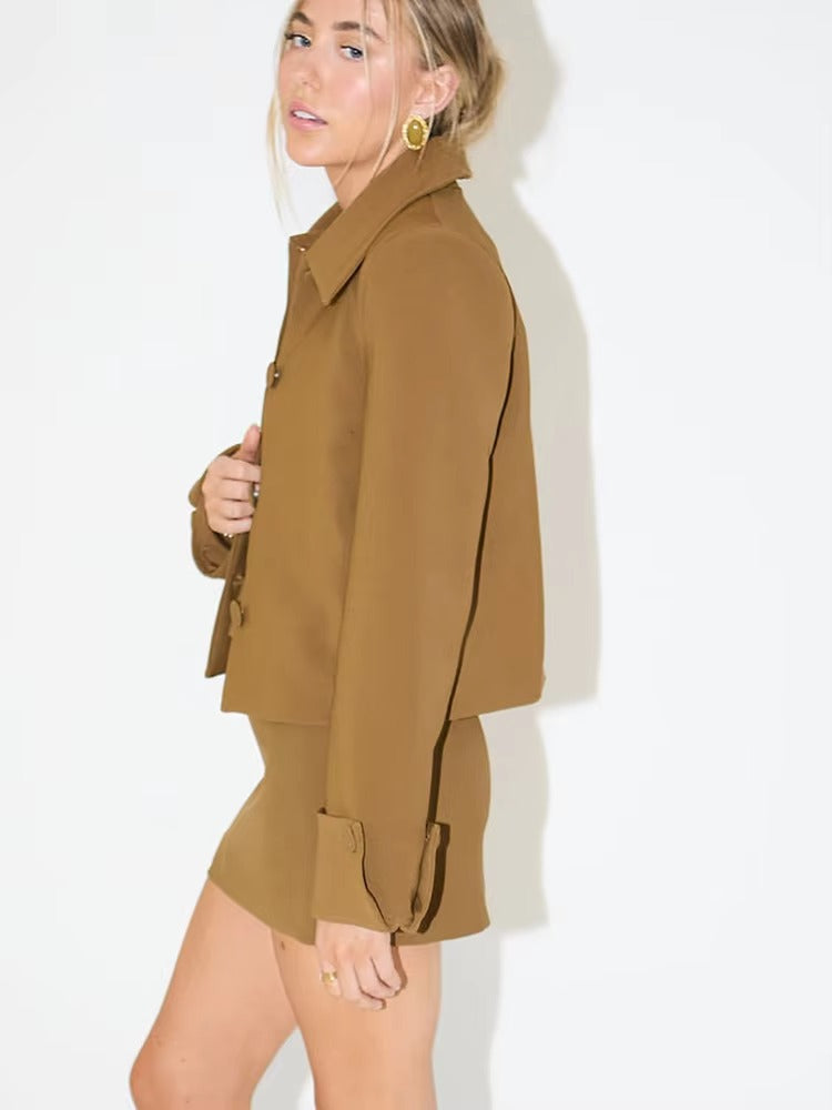 Casual Turn-down Collar Single Breasted Slim Two Piece Mini Skirt Suit Sets Mssza