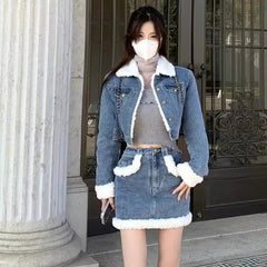 Casual Turn-down Collar Thick Warm Short Denim Jacket skirt 2 Pcs Set Mssza