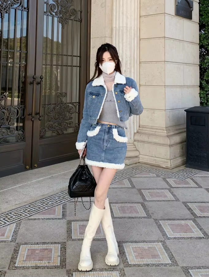 Casual Turn-down Collar Thick Warm Short Denim Jacket skirt 2 Pcs Set Mssza