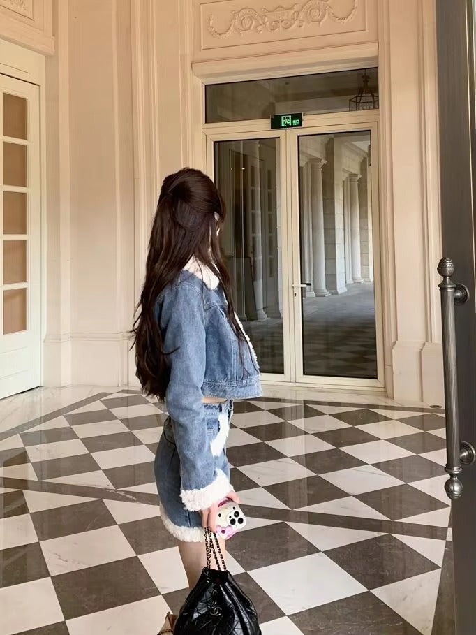 Casual Turn-down Collar Thick Warm Short Denim Jacket skirt 2 Pcs Set Mssza