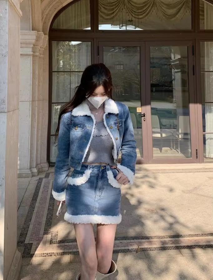 Casual Turn-down Collar Thick Warm Short Denim Jacket skirt 2 Pcs Set Mssza