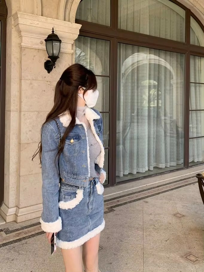 Casual Turn-down Collar Thick Warm Short Denim Jacket skirt 2 Pcs Set Mssza