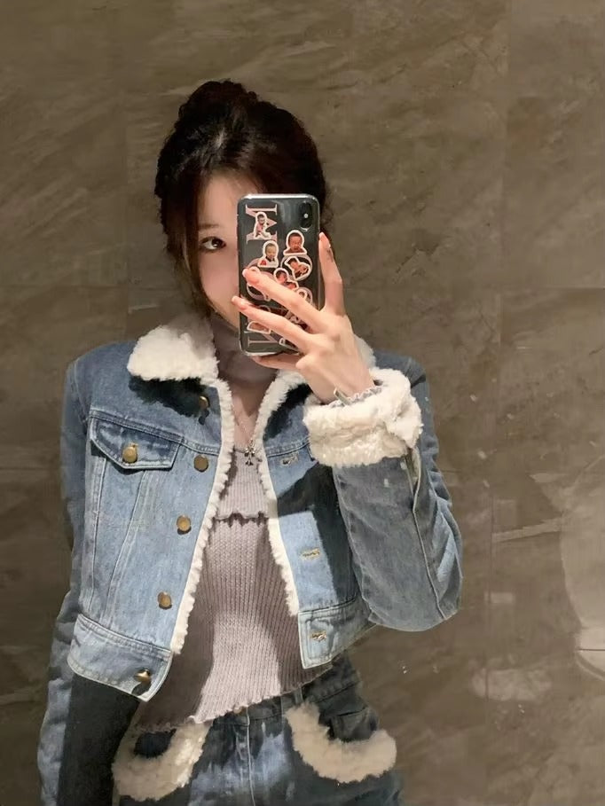Casual Turn-down Collar Thick Warm Short Denim Jacket skirt 2 Pcs Set Mssza