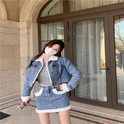 Casual Turn-down Collar Thick Warm Short Denim Jacket skirt 2 Pcs Set Mssza