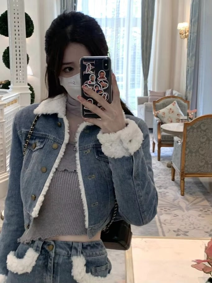 Casual Turn-down Collar Thick Warm Short Denim Jacket skirt 2 Pcs Set Mssza