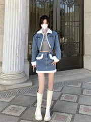 Casual Turn-down Collar Thick Warm Short Denim Jacket skirt 2 Pcs Set Mssza