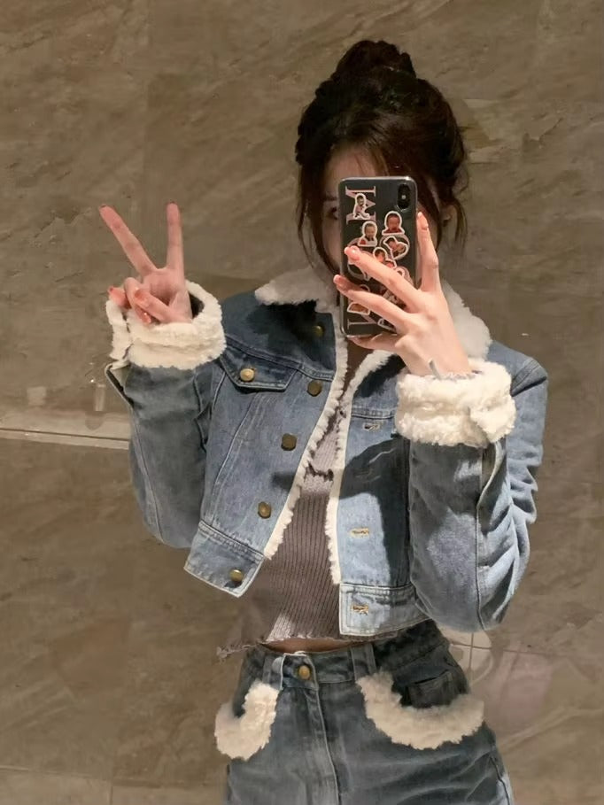 Casual Turn-down Collar Thick Warm Short Denim Jacket skirt 2 Pcs Set Mssza