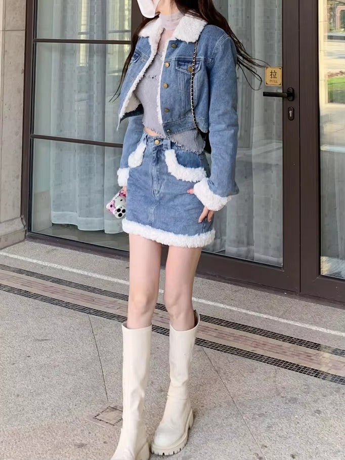 Casual Turn-down Collar Thick Warm Short Denim Jacket skirt 2 Pcs Set Mssza