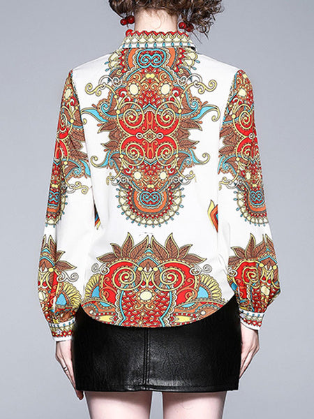 Casual Turndown Collar Long Sleeve Printed Blouse Shirt Mssza