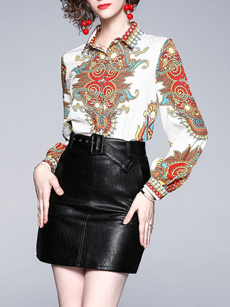 Casual Turndown Collar Long Sleeve Printed Blouse Shirt Mssza
