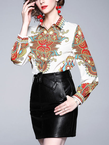 Casual Turndown Collar Long Sleeve Printed Blouse Shirt Mssza