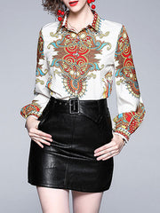 Casual Turndown Collar Long Sleeve Printed Blouse Shirt Mssza