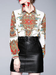 Casual Turndown Collar Long Sleeve Printed Blouse Shirt Mssza