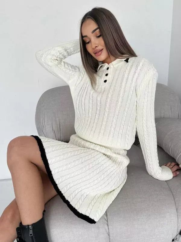 Casual Turndown Collar Top And Polyester Buttons Skirt Set Mssza