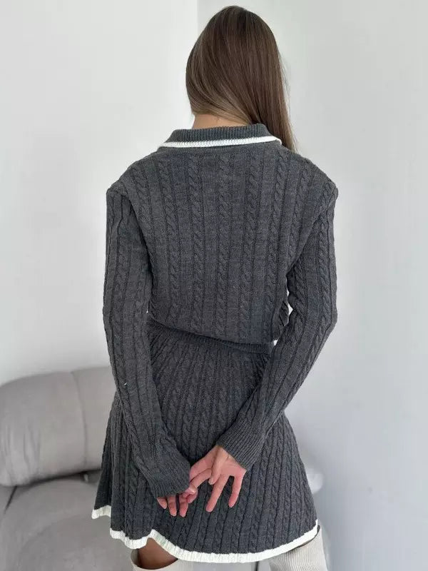 Casual Turndown Collar Top And Polyester Buttons Skirt Set Mssza