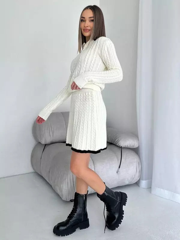 Casual Turndown Collar Top And Polyester Buttons Skirt Set Mssza