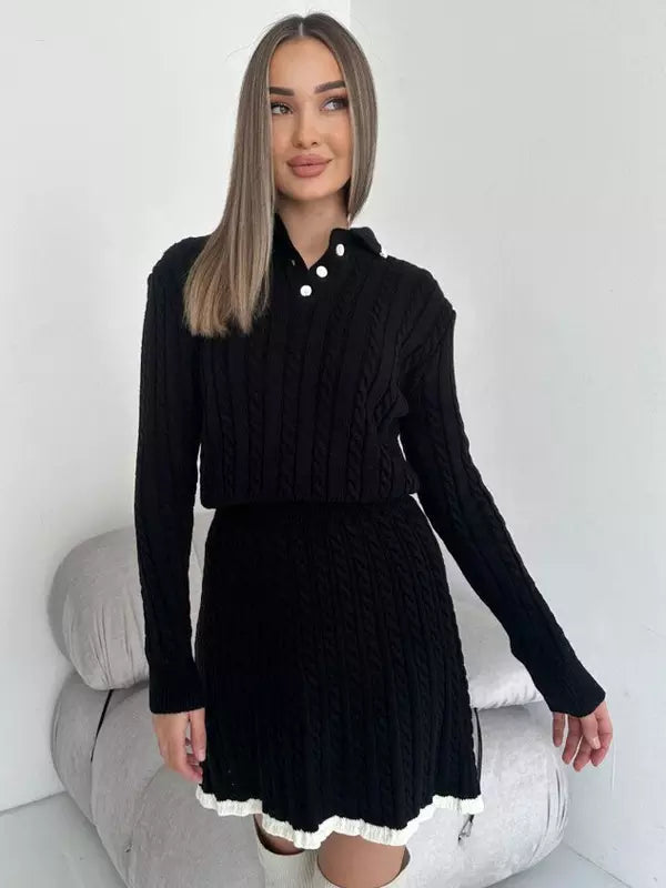 Casual Turndown Collar Top And Polyester Buttons Skirt Set Mssza