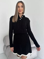 Casual Turndown Collar Top And Polyester Buttons Skirt Set Mssza