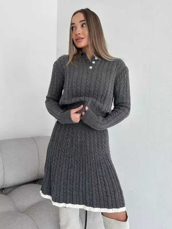 Casual Turndown Collar Top And Polyester Buttons Skirt Set Mssza