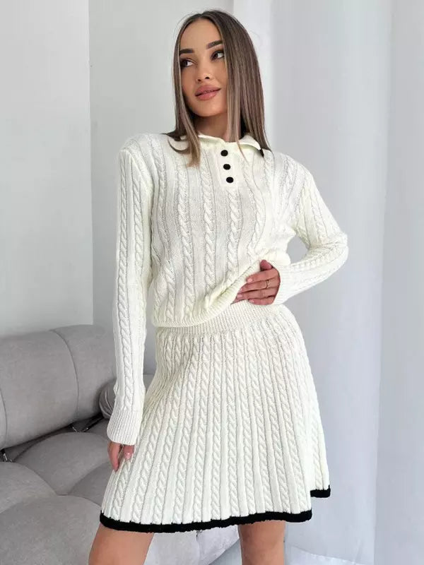 Casual Turndown Collar Top And Polyester Buttons Skirt Set Mssza