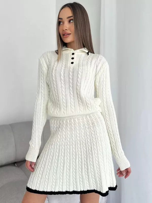 Casual Turndown Collar Top And Polyester Buttons Skirt Set Mssza