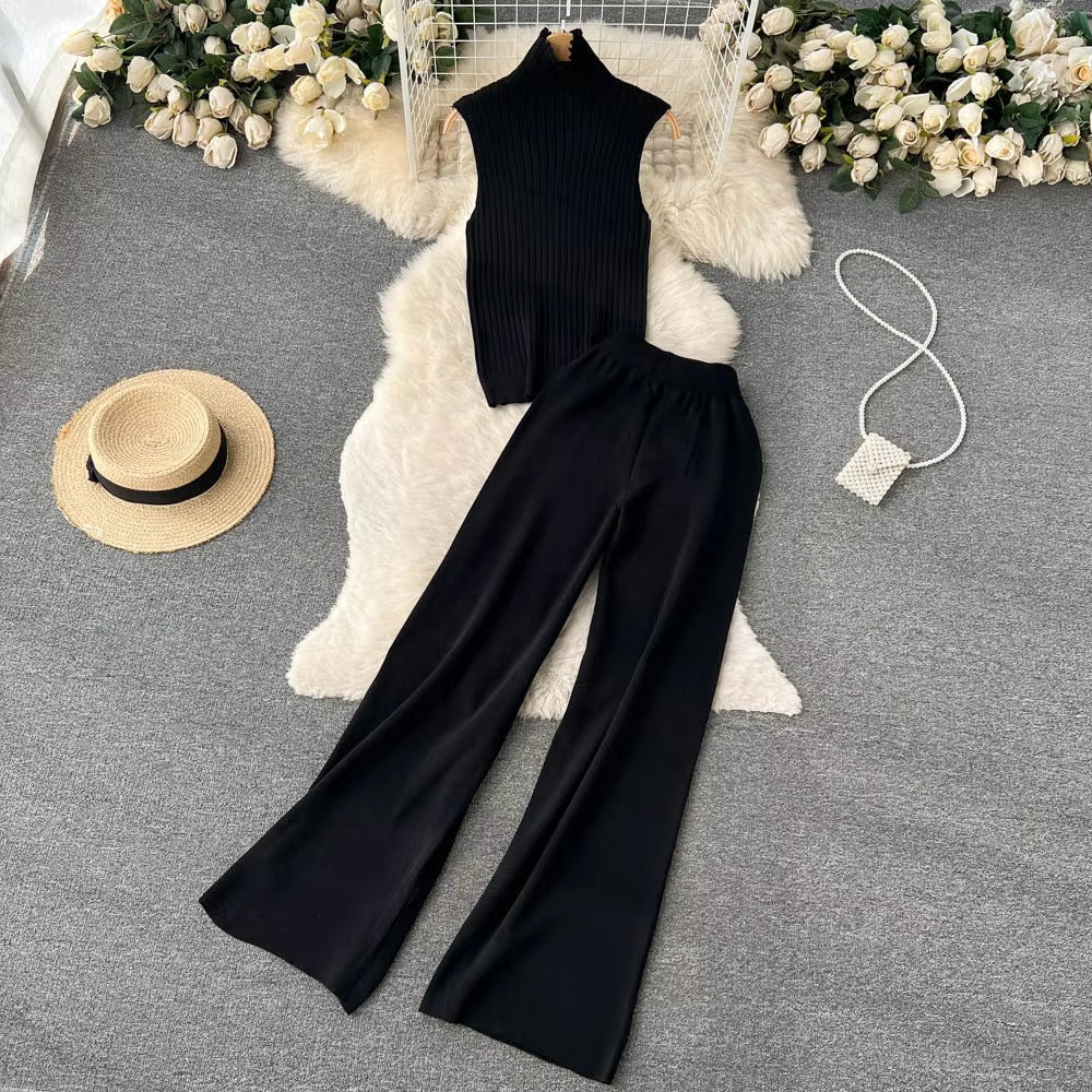 Casual Turtleneck Knitted Cardigan Coat And Pant 3 Piece Set Mssza