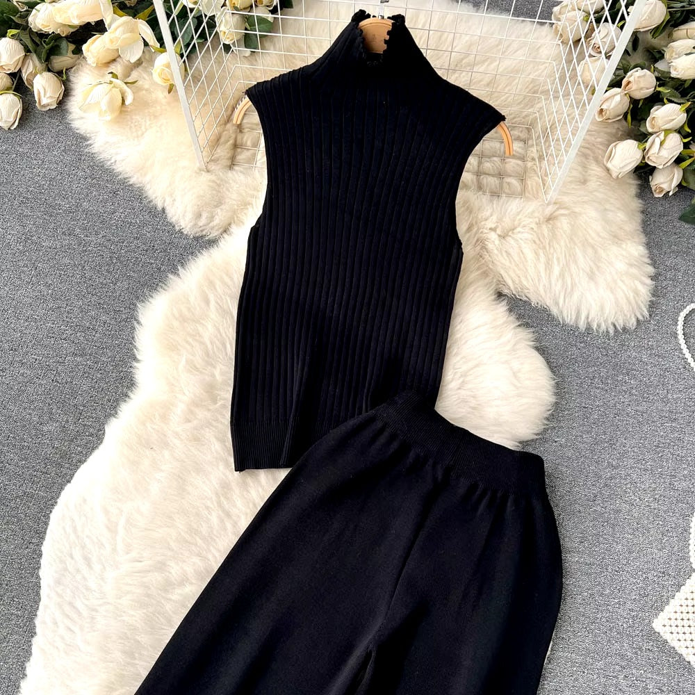 Casual Turtleneck Knitted Cardigan Coat And Pant 3 Piece Set Mssza