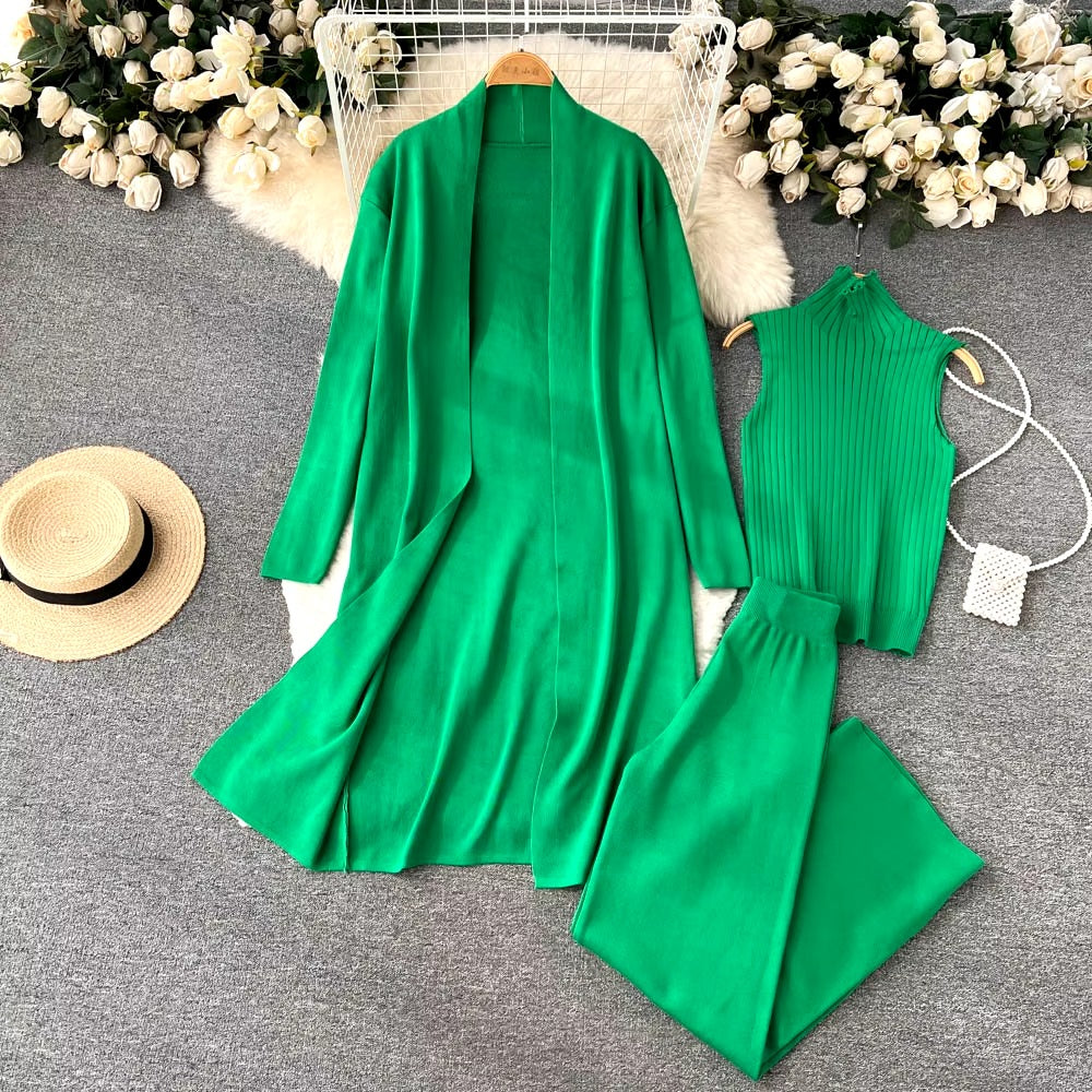 Casual Turtleneck Knitted Cardigan Coat And Pant 3 Piece Set Mssza