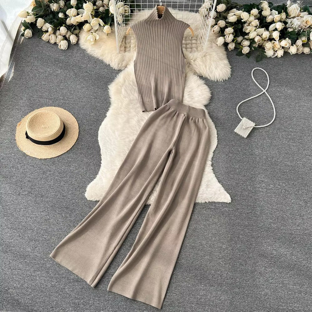 Casual Turtleneck Knitted Cardigan Coat And Pant 3 Piece Set Mssza