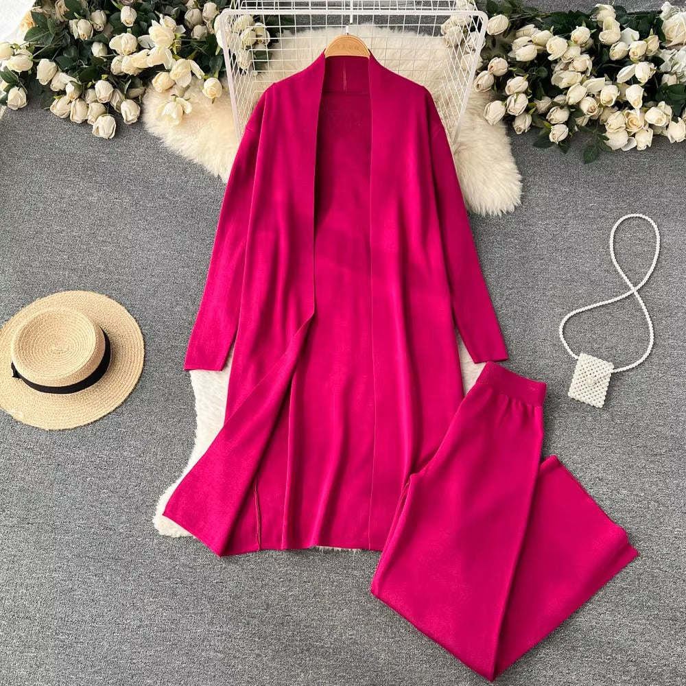 Casual Turtleneck Knitted Cardigan Coat And Pant 3 Piece Set Mssza