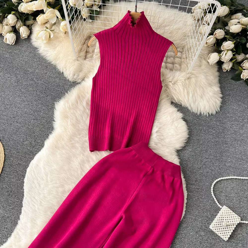 Casual Turtleneck Knitted Cardigan Coat And Pant 3 Piece Set Mssza