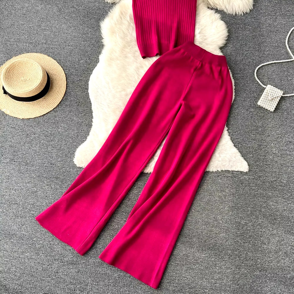 Casual Turtleneck Knitted Cardigan Coat And Pant 3 Piece Set Mssza