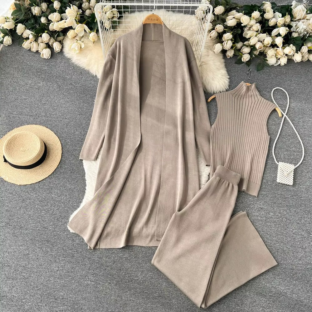 Casual Turtleneck Knitted Cardigan Coat And Pant 3 Piece Set Mssza