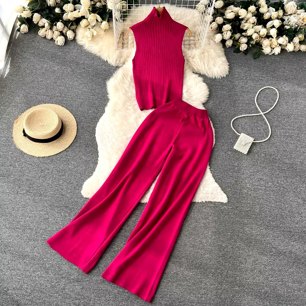 Casual Turtleneck Knitted Cardigan Coat And Pant 3 Piece Set Mssza