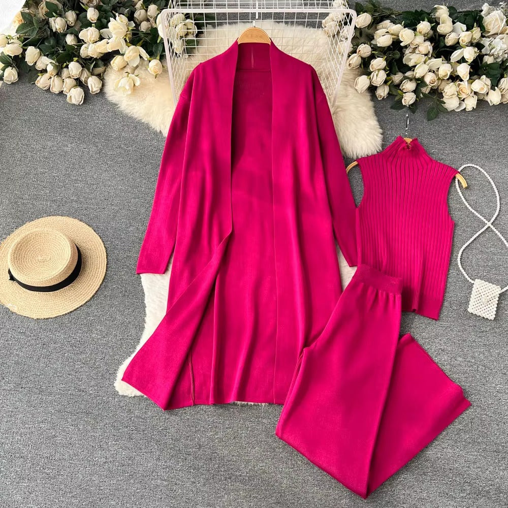 Casual Turtleneck Knitted Cardigan Coat And Pant 3 Piece Set Mssza