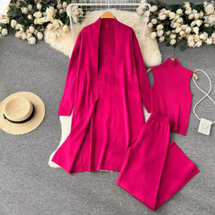 Casual Turtleneck Knitted Cardigan Coat And Pant 3 Piece Set Mssza