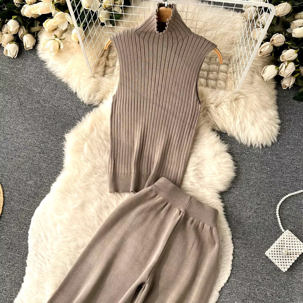 Casual Turtleneck Knitted Cardigan Coat And Pant 3 Piece Set Mssza