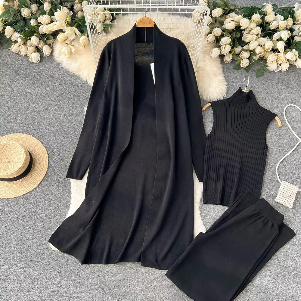 Casual Turtleneck Knitted Cardigan Coat And Pant 3 Piece Set Mssza