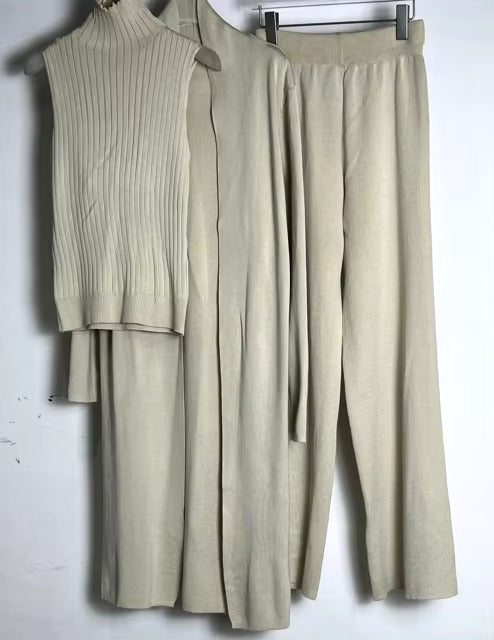 Casual Turtleneck Knitted Cardigan Coat And Pant 3 Piece Set Mssza