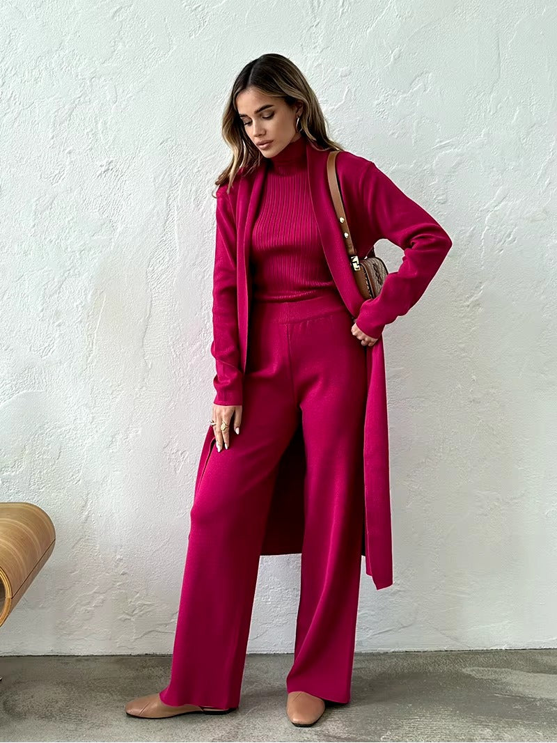 Casual Turtleneck Knitted Cardigan Coat And Pant 3 Piece Set Mssza