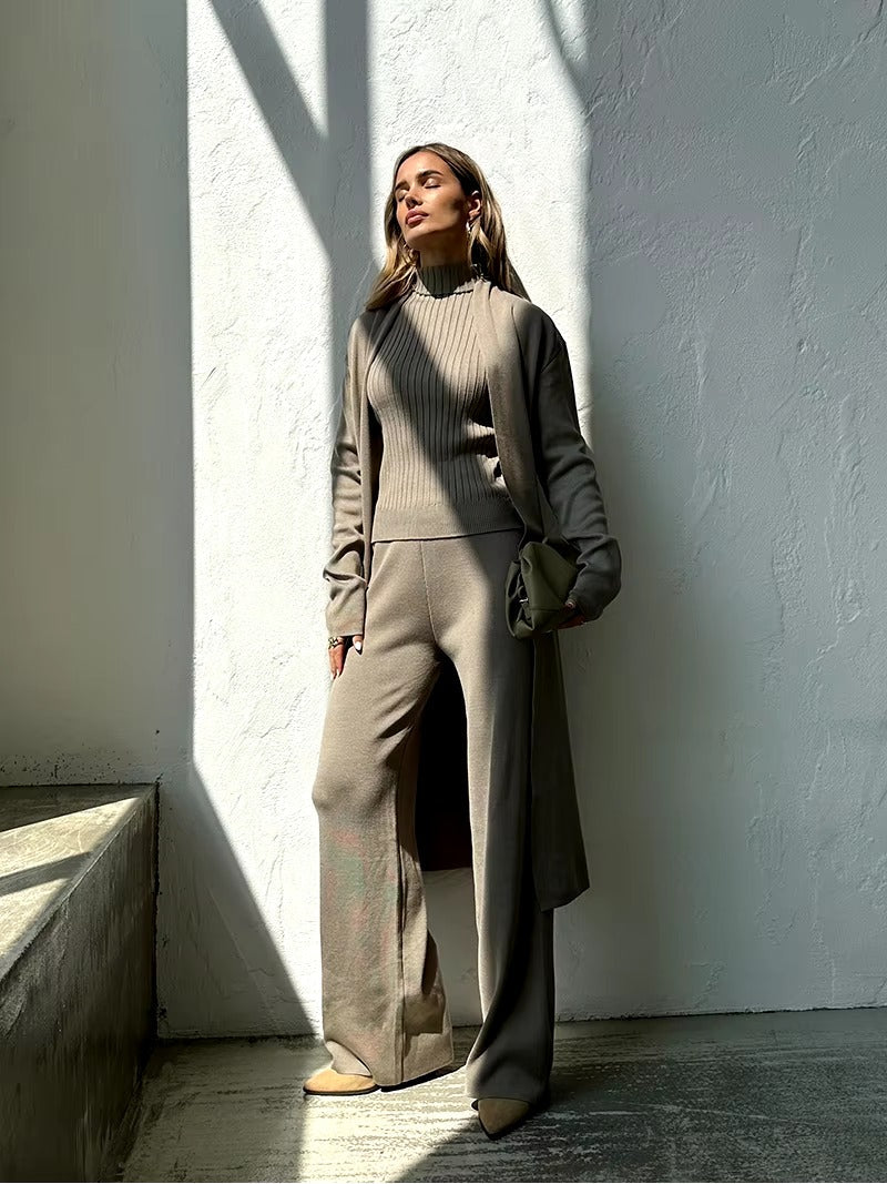 Casual Turtleneck Knitted Cardigan Coat And Pant 3 Piece Set Mssza