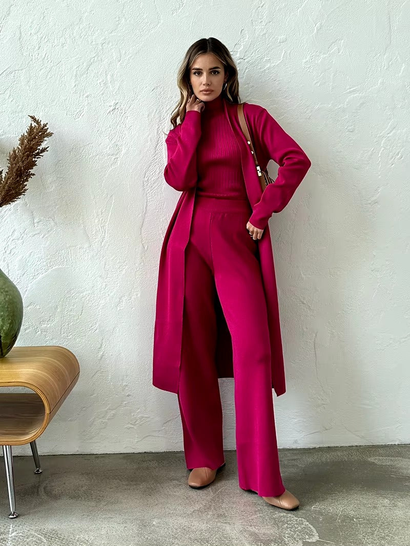 Casual Turtleneck Knitted Cardigan Coat And Pant 3 Piece Set Mssza