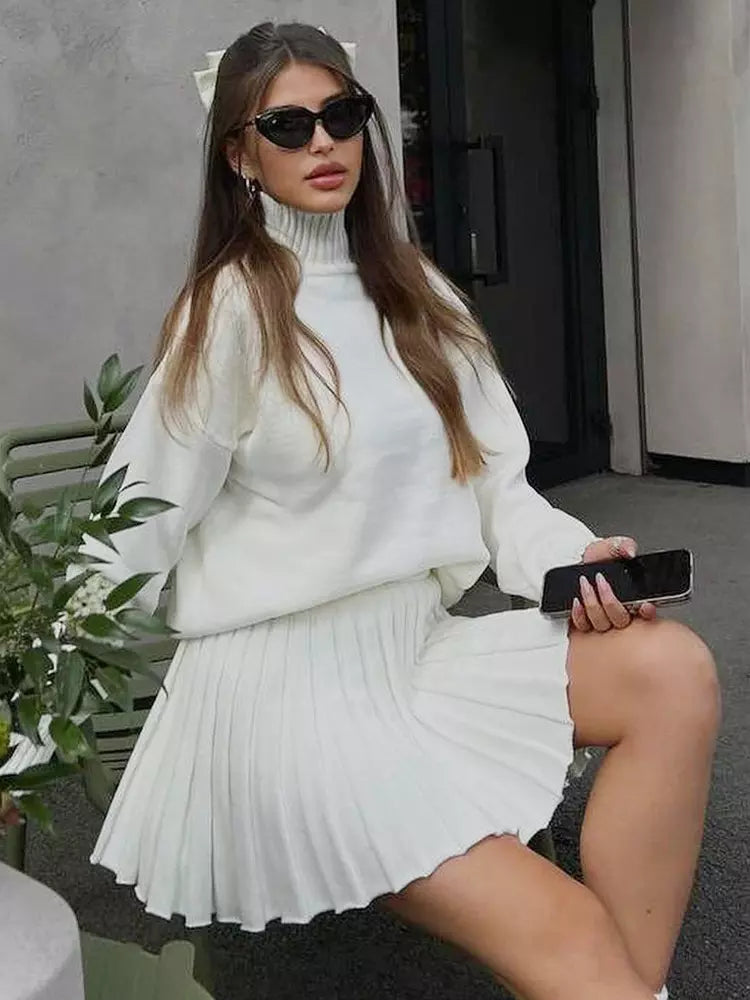 Casual Turtleneck Sweater And Pleated Skirt Two Piece Set Mssza